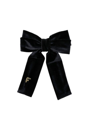 Black velvet bow barrette with embroidered initial