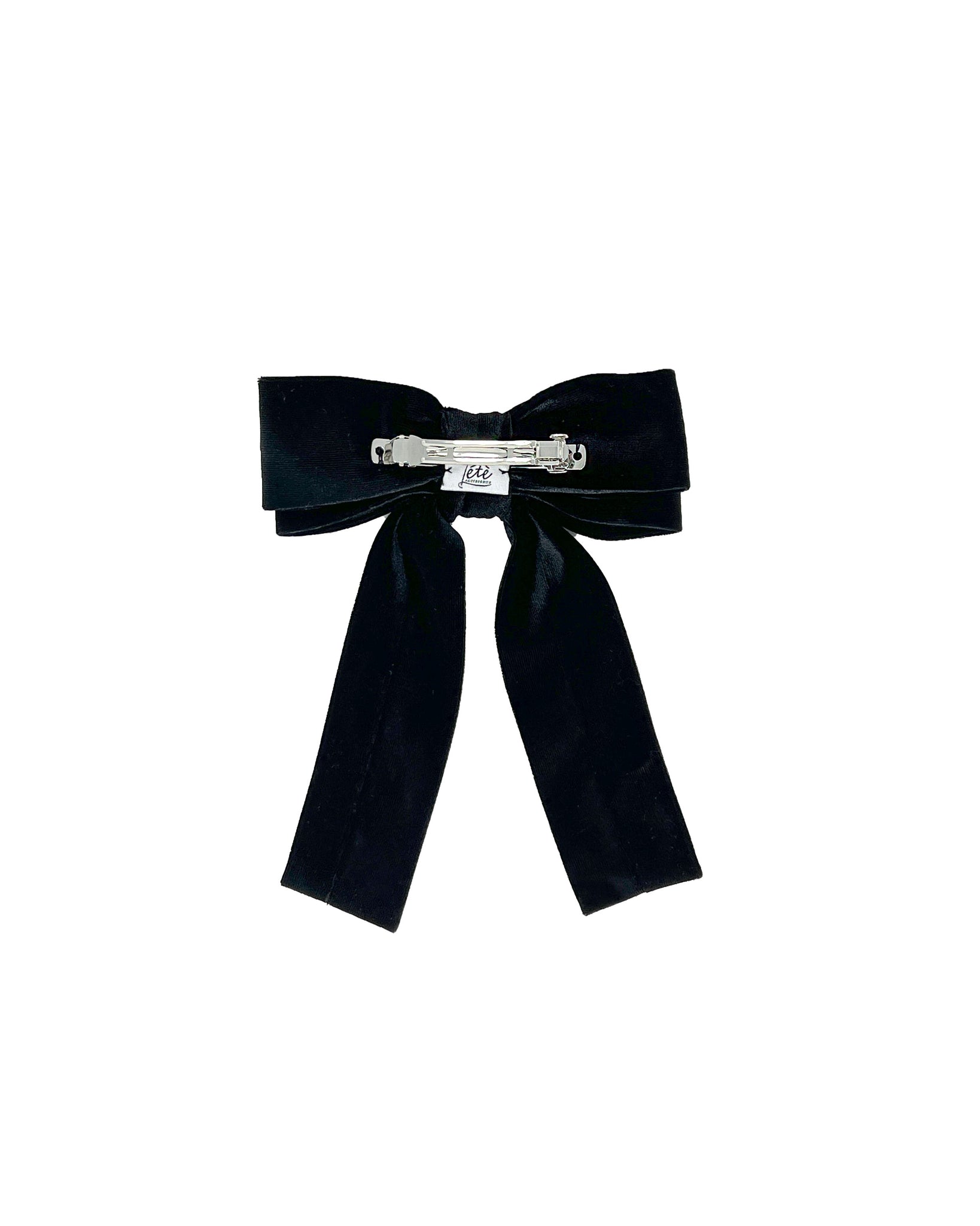 Black velvet bow barrette with embroidered initial