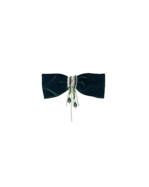 Embroidered dark green velvet bow barrette with central crystals