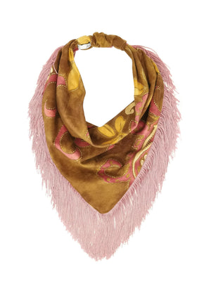 Patterned suede bandana with pink fringes