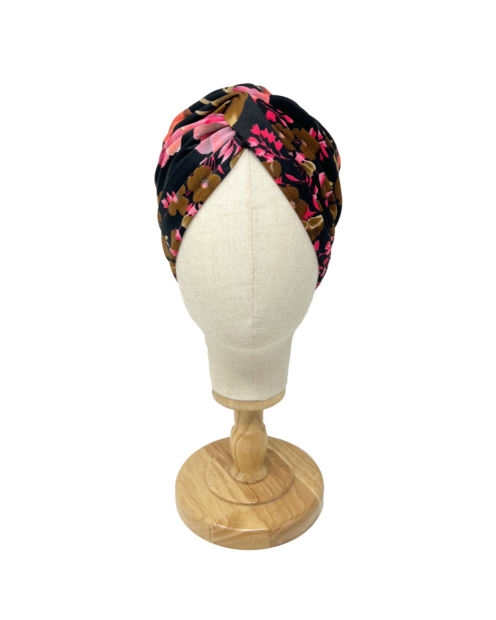 Black and pink floral patterned vintage turban