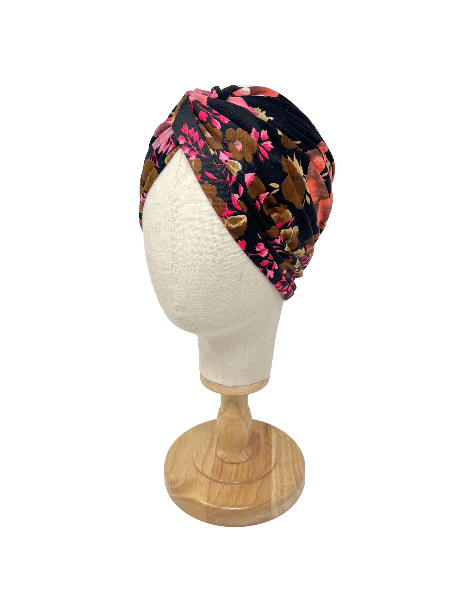 Black and pink floral patterned vintage turban