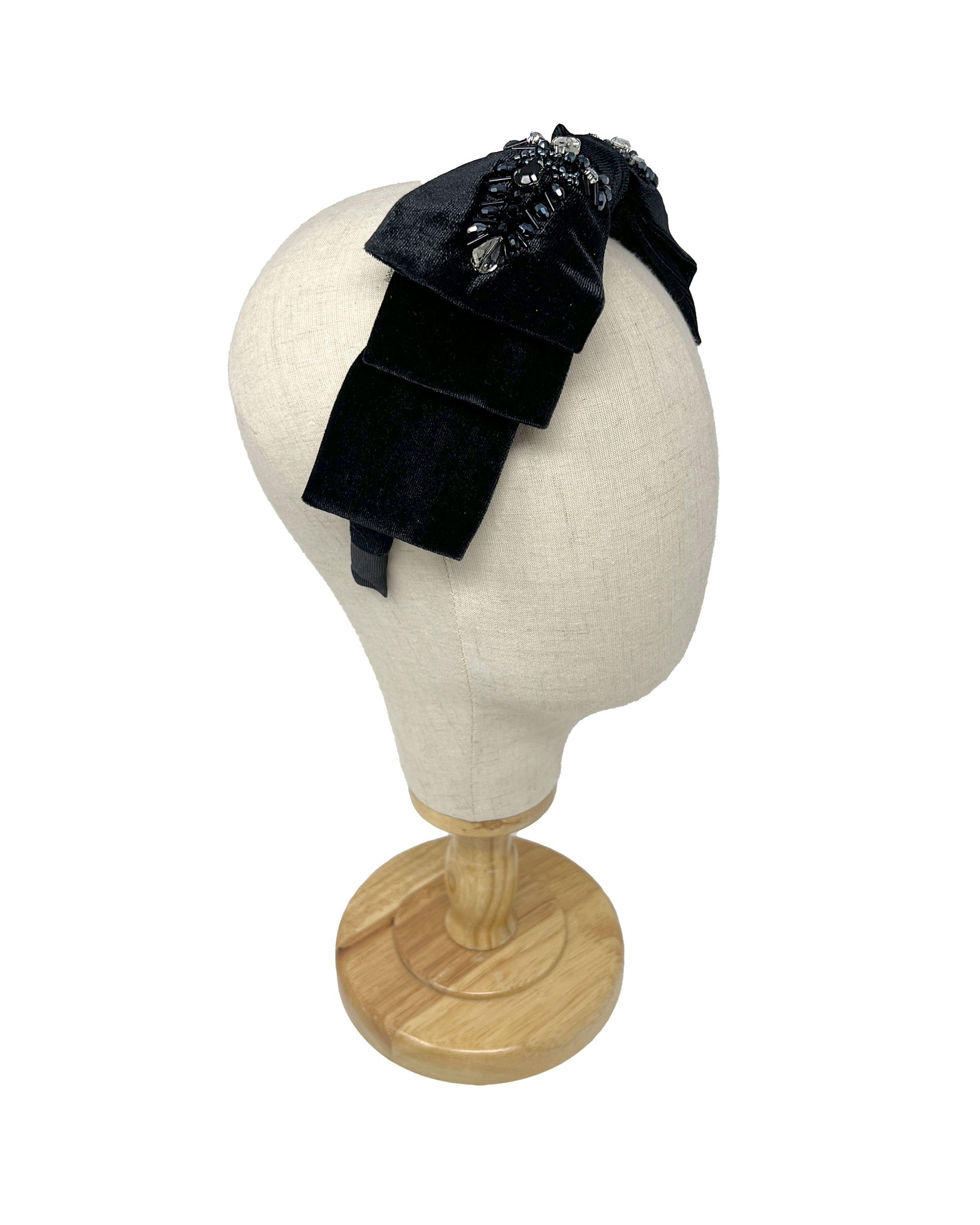 Black and silver embroidered black velvet hairband with double bow