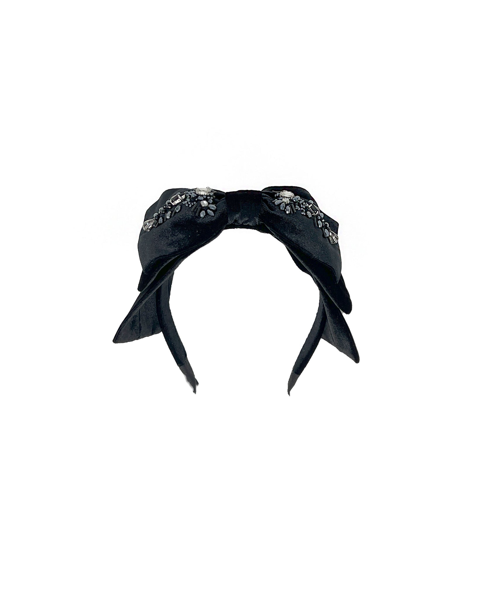 Black and silver embroidered black velvet hairband with double bow