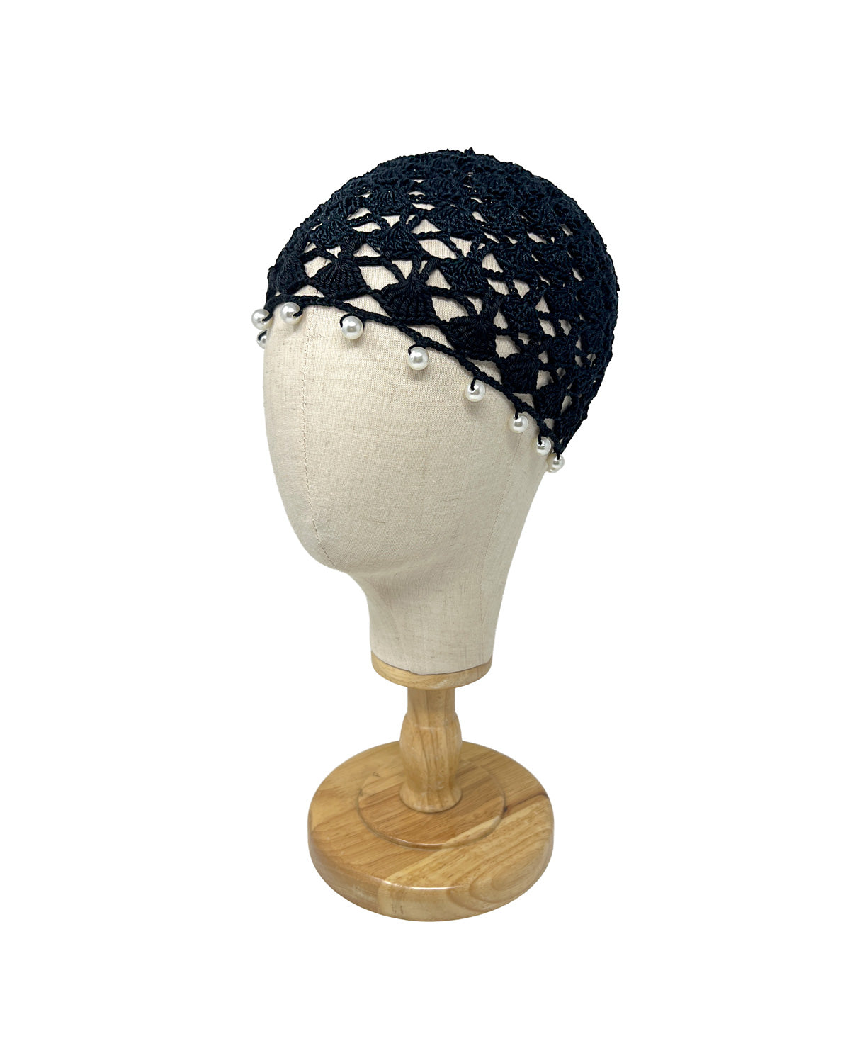 Black cotton crocheted bonnet cap with pearls