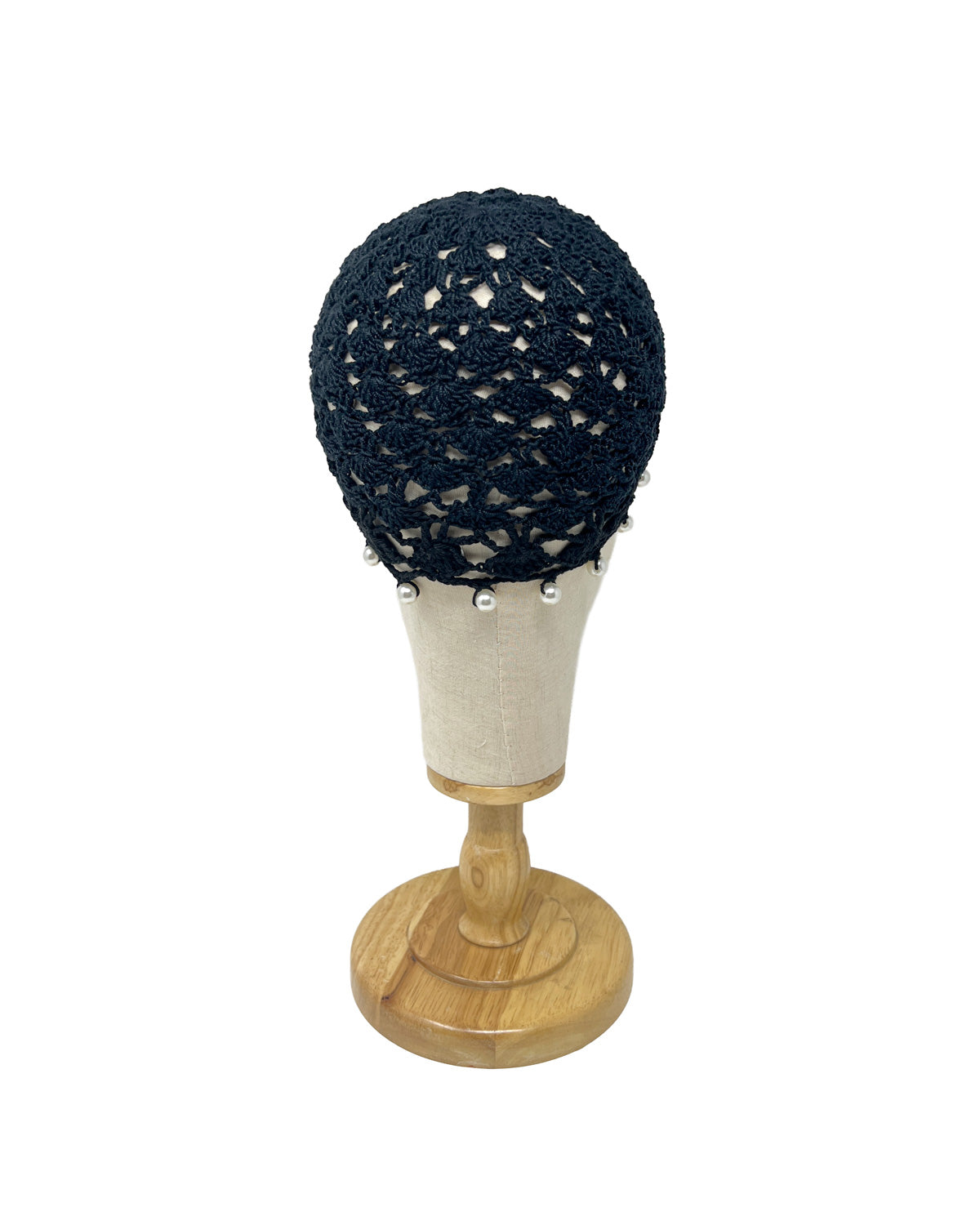 Black cotton crocheted bonnet cap with pearls
