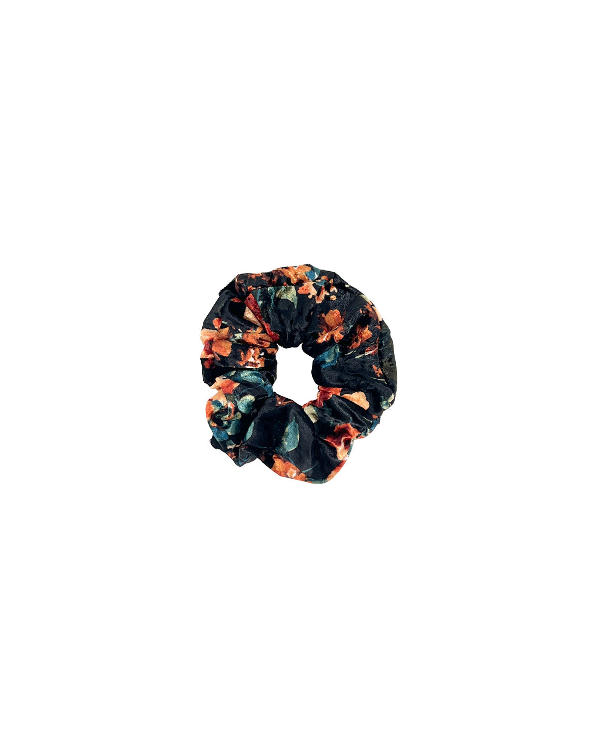 Black and orange flowers patterned velvet scrunchie