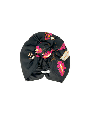 Black cotton satin turban with fuxia cashmere pattern