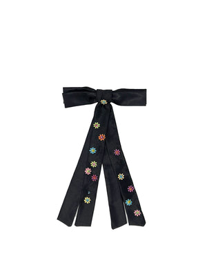 Black satin bow barrette with flowers