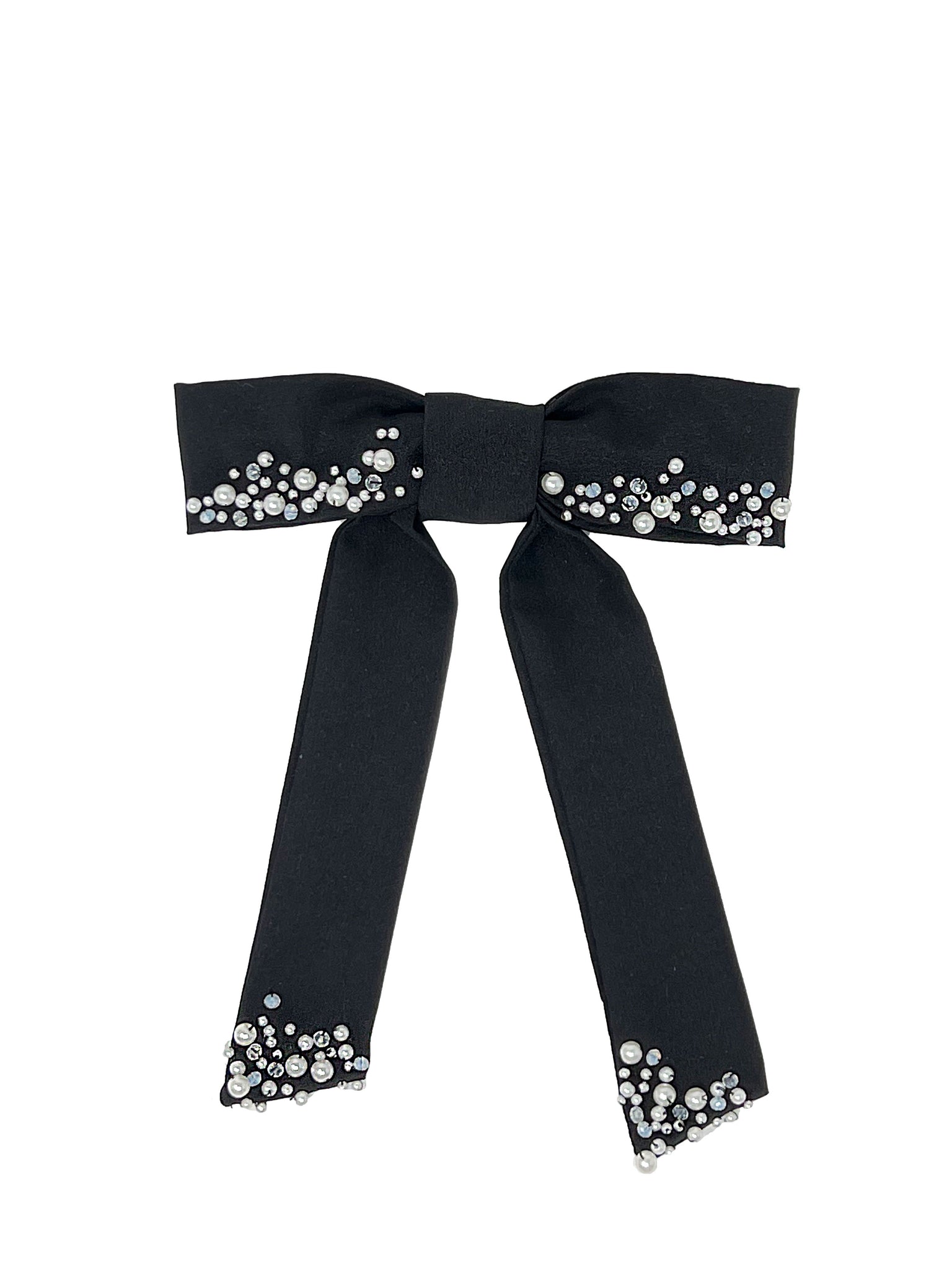Black satin bow barrette with crystals