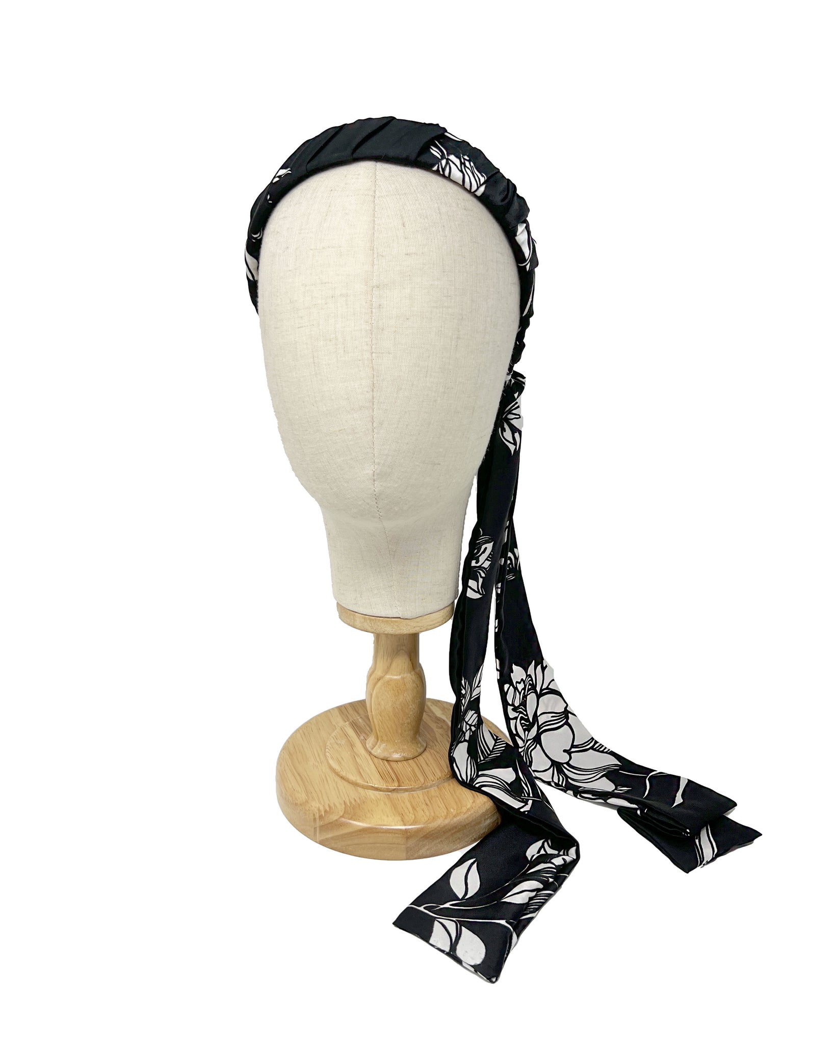 Black and white flowered pattern satin foulard hairband