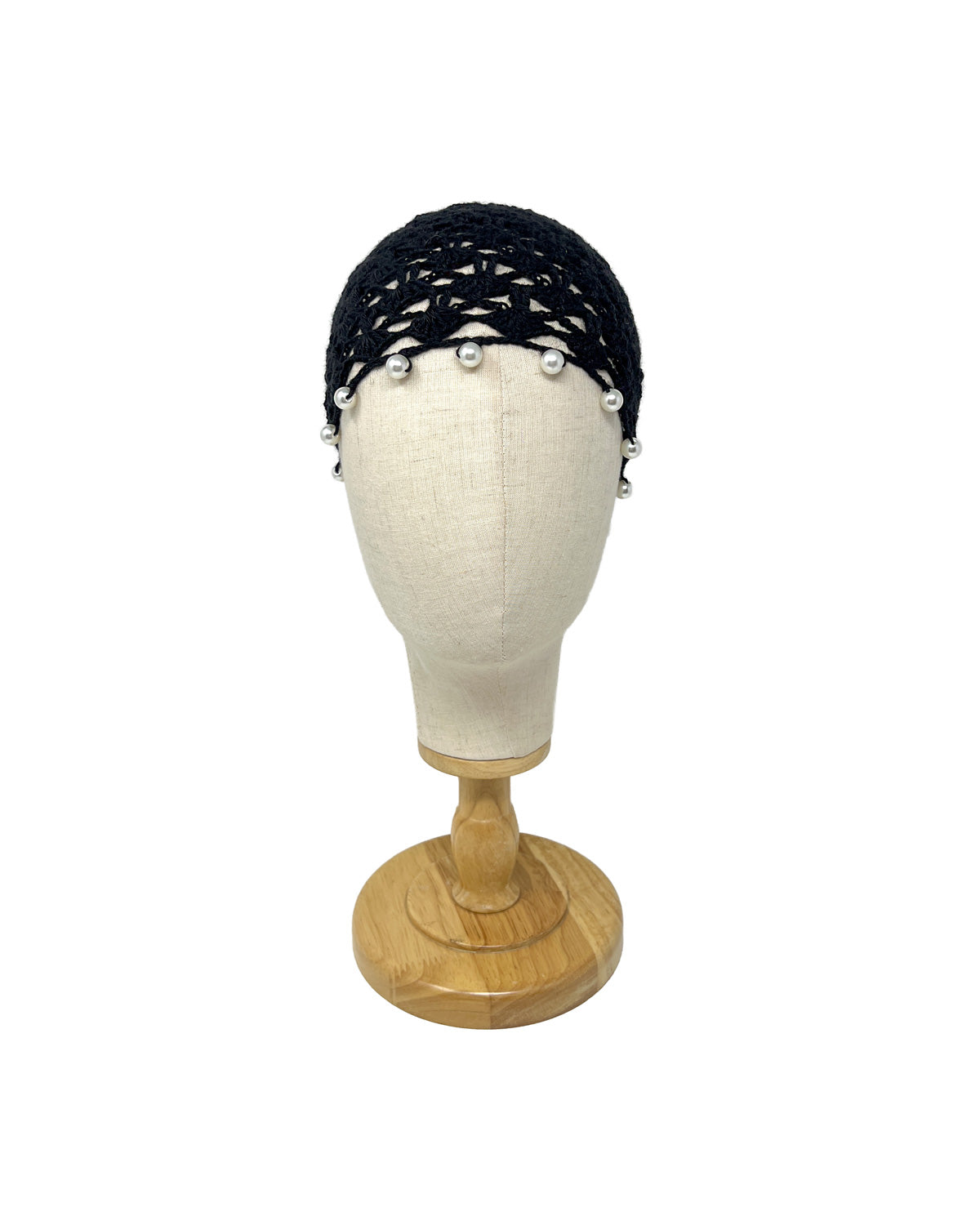 Black wool crocheted bonnet hat with pearls