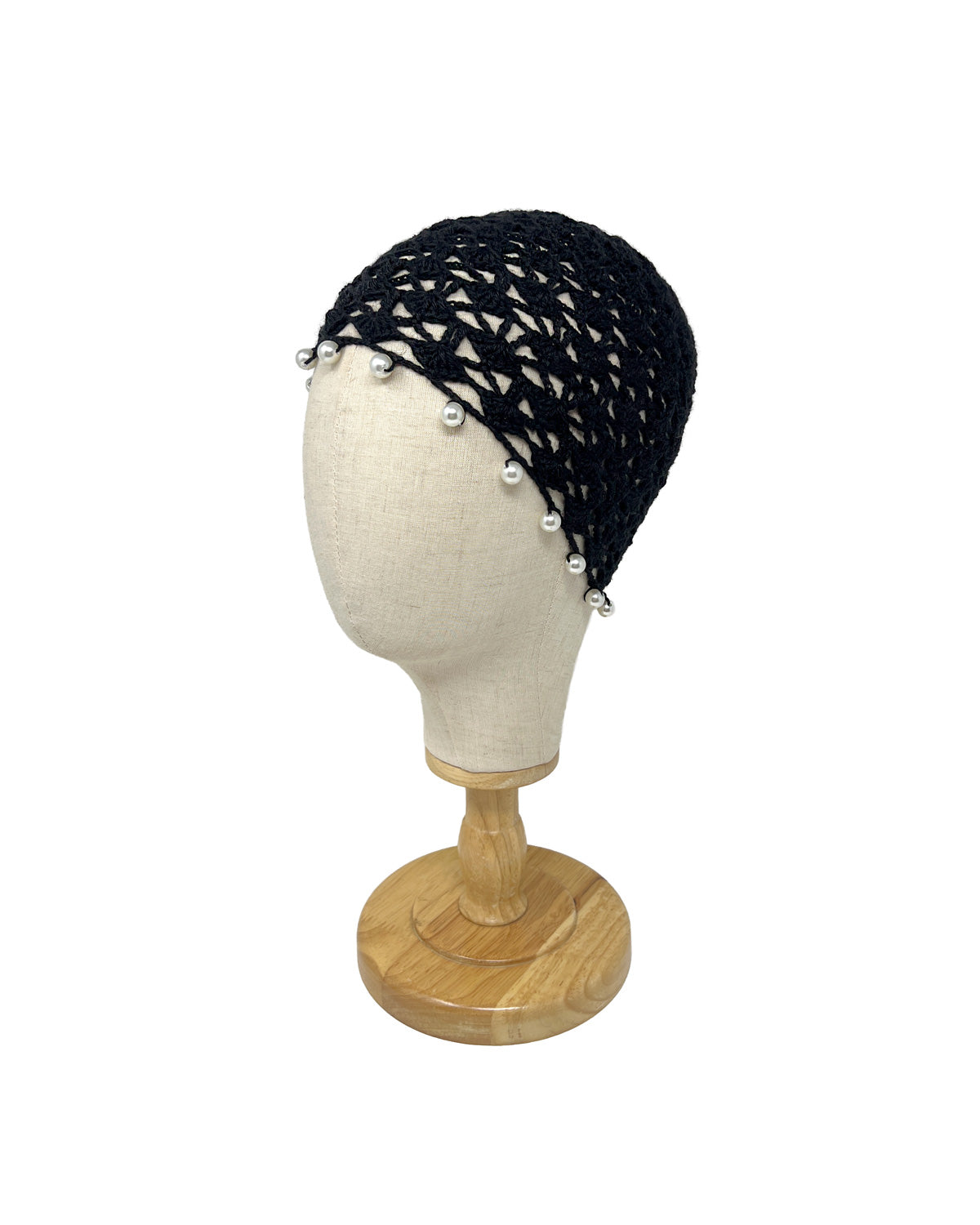 Black wool crocheted bonnet hat with pearls