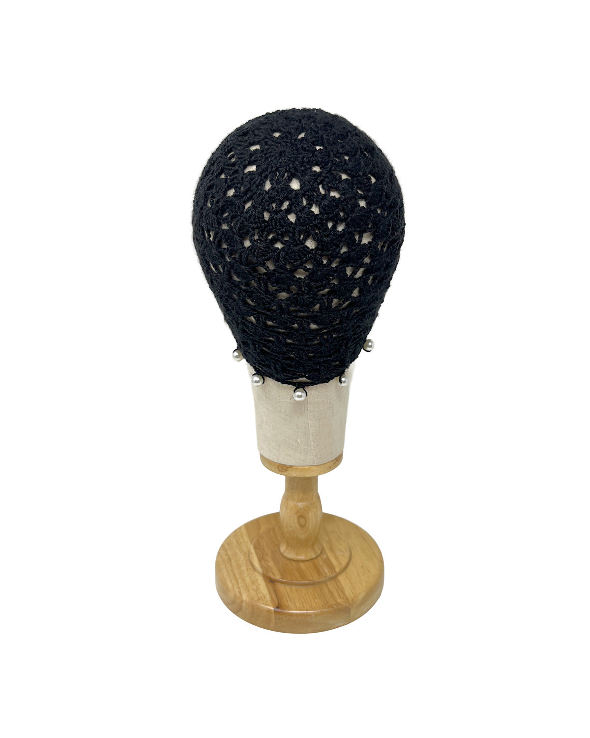 Black wool crocheted bonnet hat with pearls