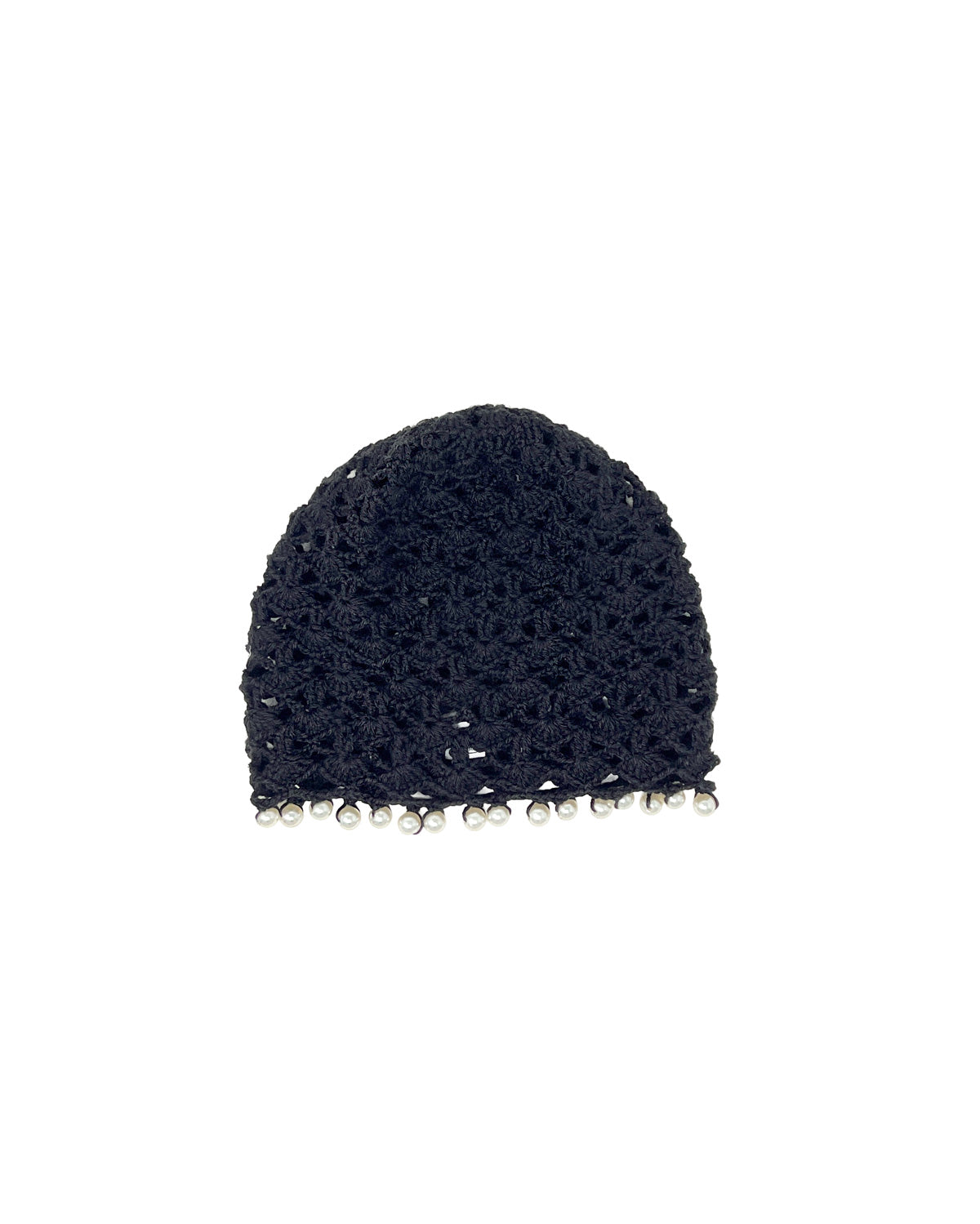 Black wool crocheted bonnet hat with pearls
