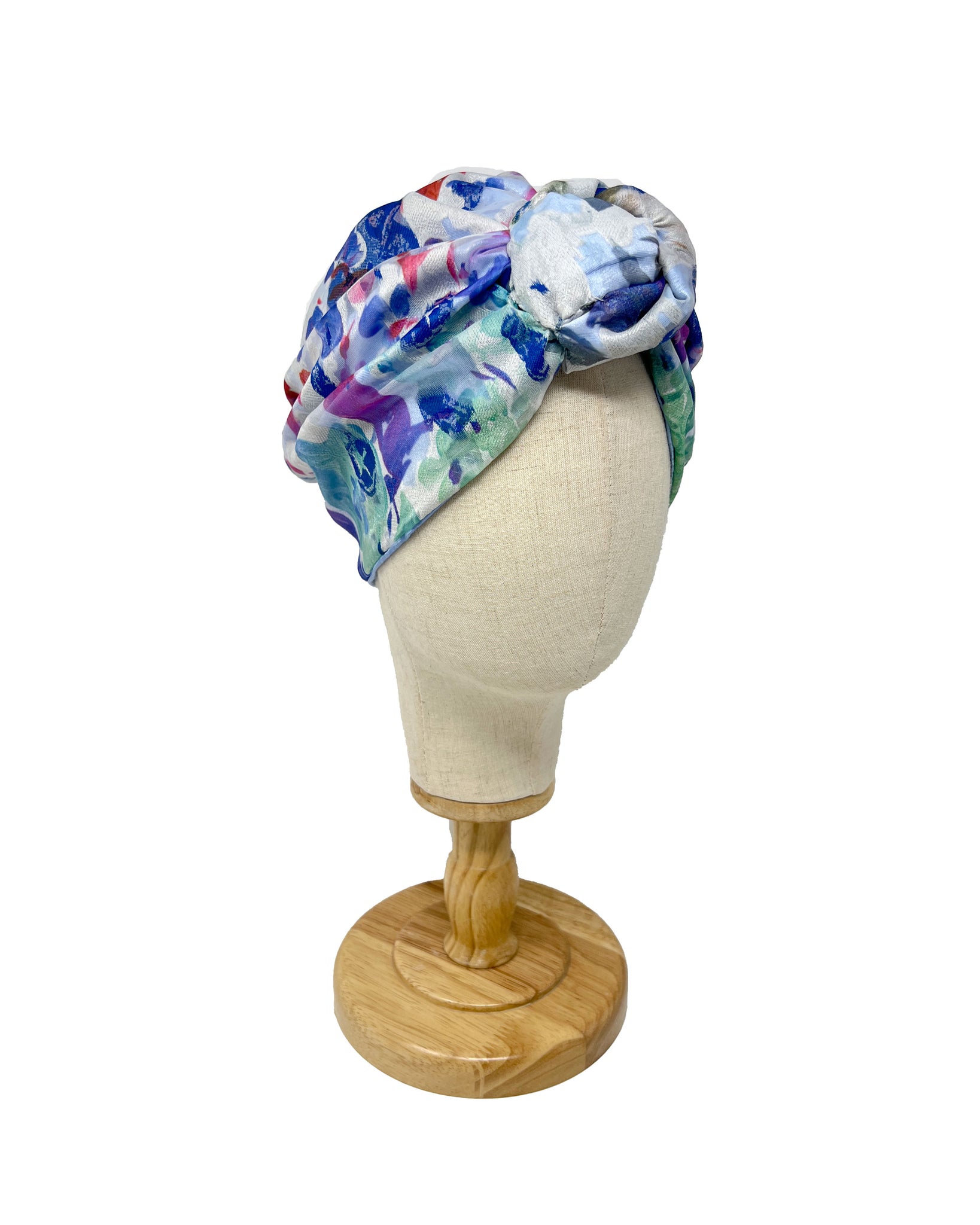Blue and fuxia "Rachel" silk devoré organza turban