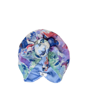 Blue and fuxia "Rachel" silk devoré organza turban