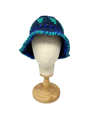 Blue and green crochet wool bucket hat