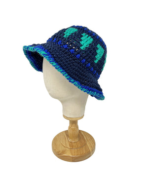 Blue and green crochet wool bucket hat
