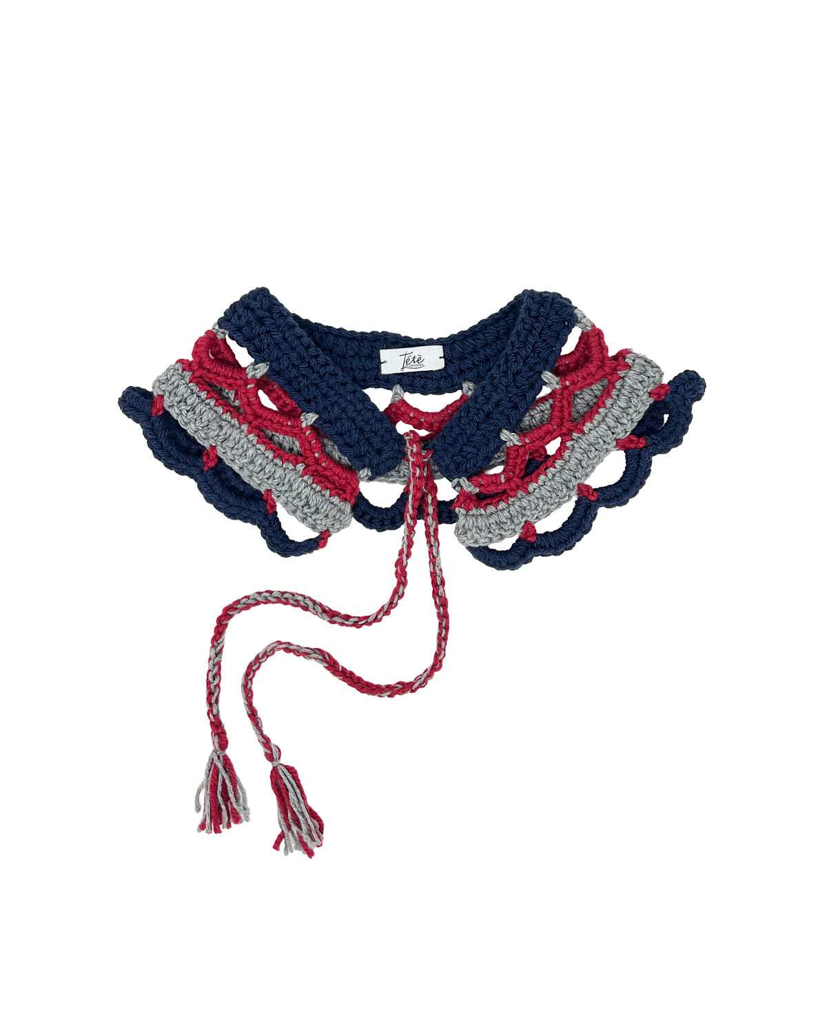Midnight blue red and grey wool crocheted collar