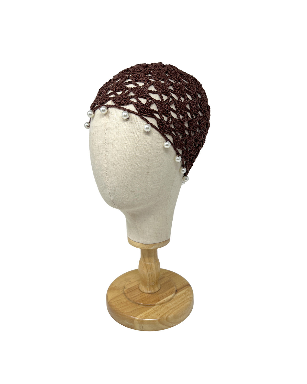 Brown chocolate cotton crocheted bonnet hat with pearls
