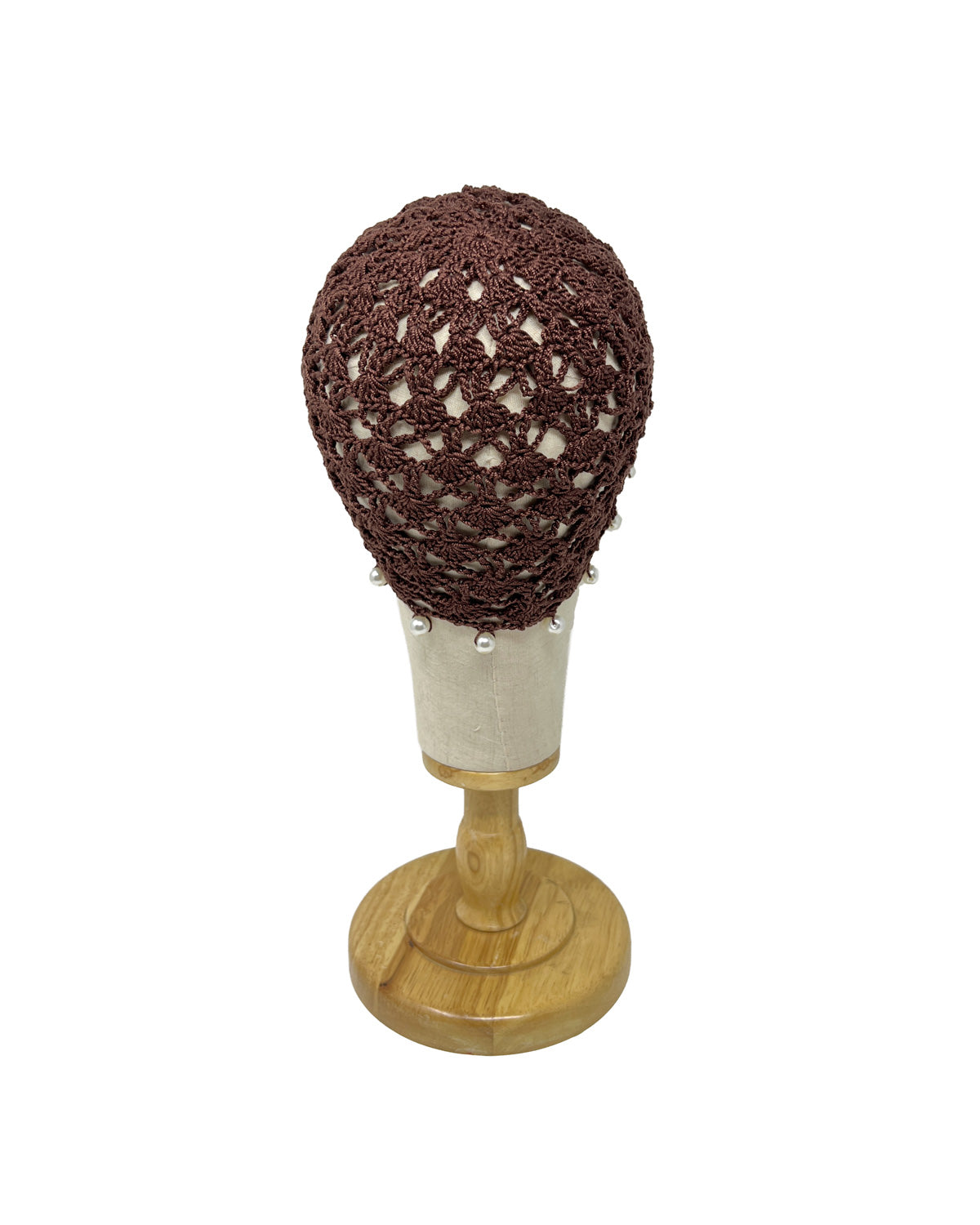 Brown chocolate cotton crocheted bonnet hat with pearls