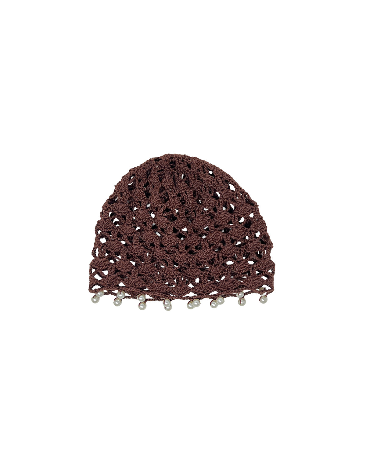 Brown chocolate cotton crocheted bonnet hat with pearls