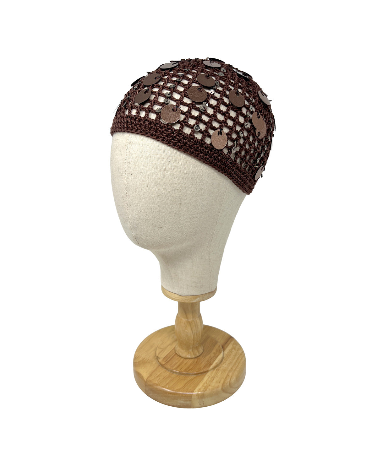 Brown chocolate cotton crocheted bonnet with sequins