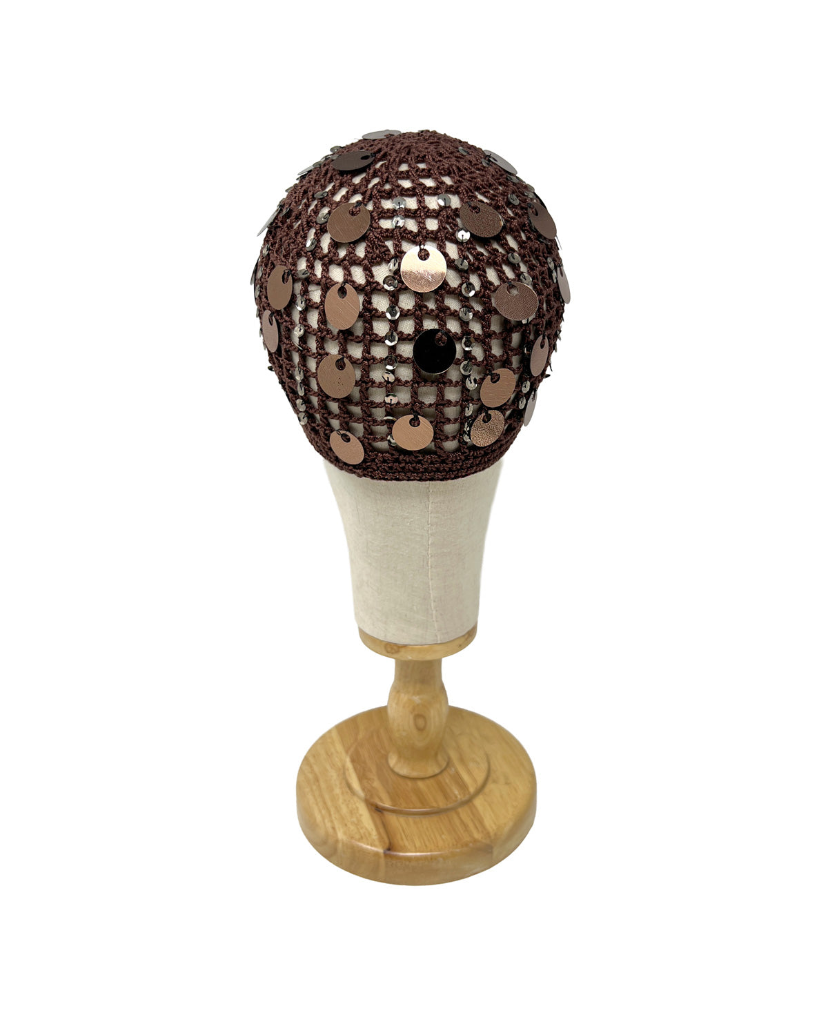 Brown chocolate cotton crocheted bonnet with sequins