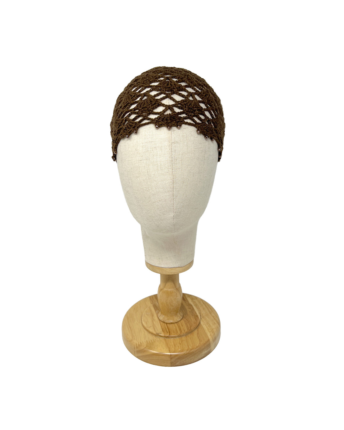 Brown wool crocheted bonnet hat with crystals