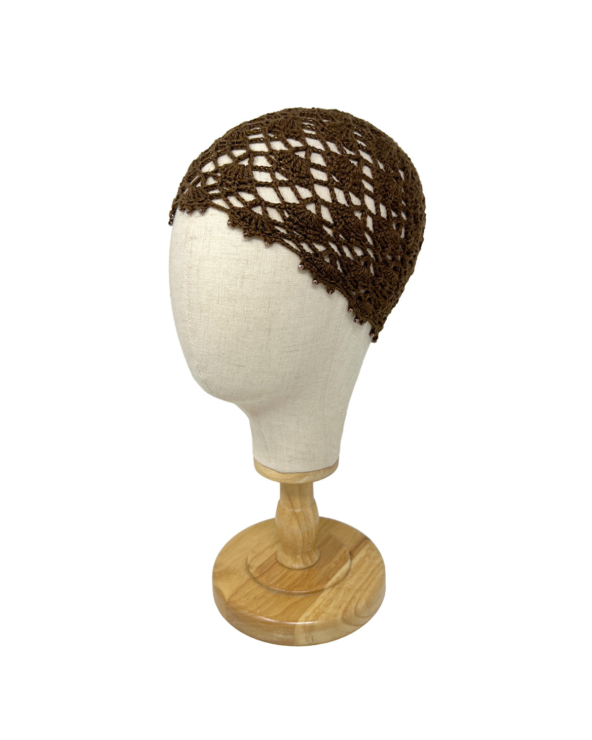 Brown wool crocheted bonnet hat with crystals