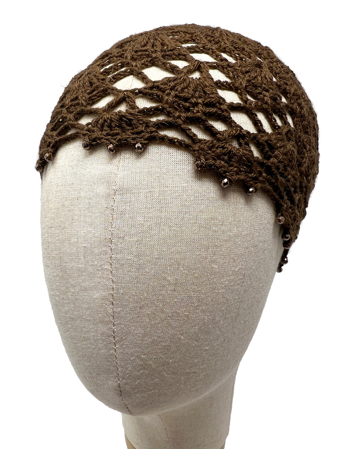Brown wool crocheted bonnet hat with crystals