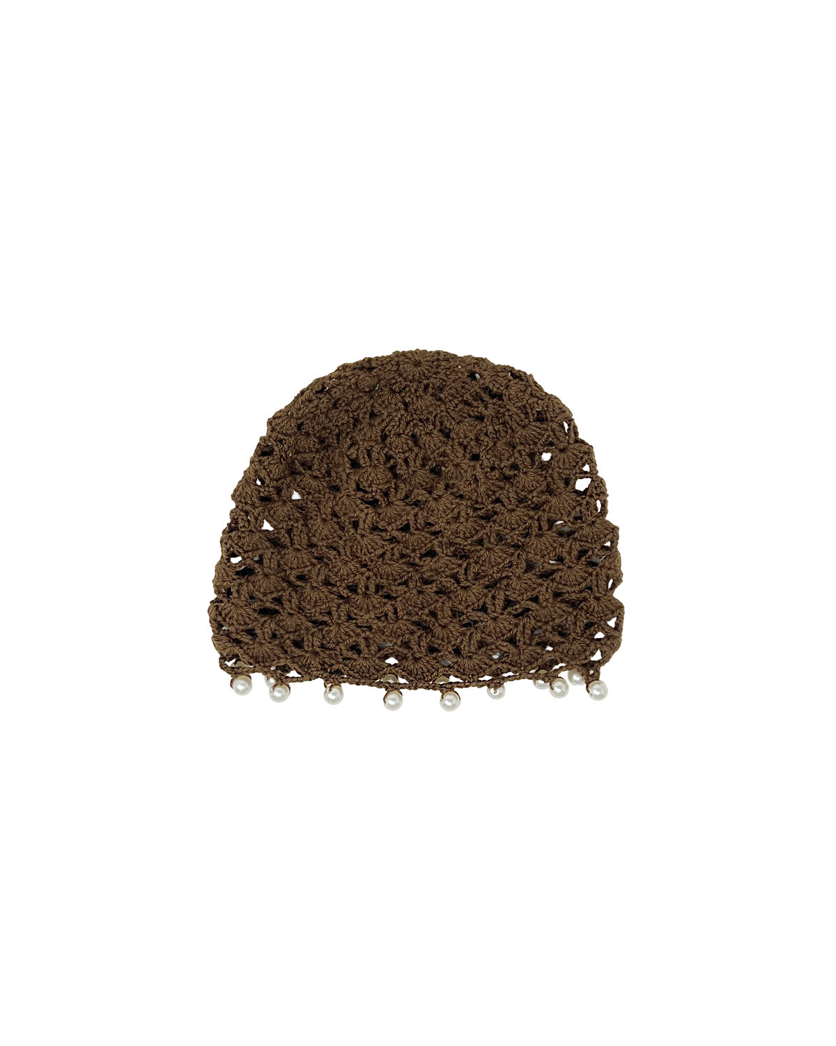 Brown wool crocheted bonnet hat with pearls