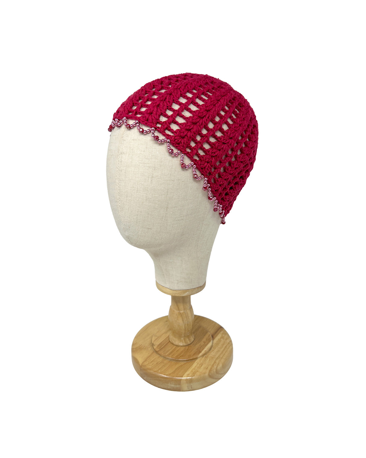 Cherry red wool crocheted bonnet hat with crystals