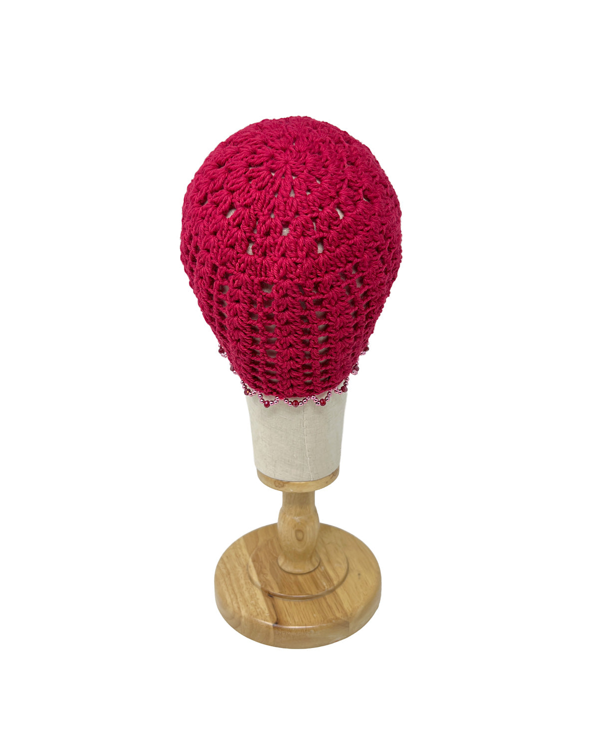 Cherry red wool crocheted bonnet hat with crystals