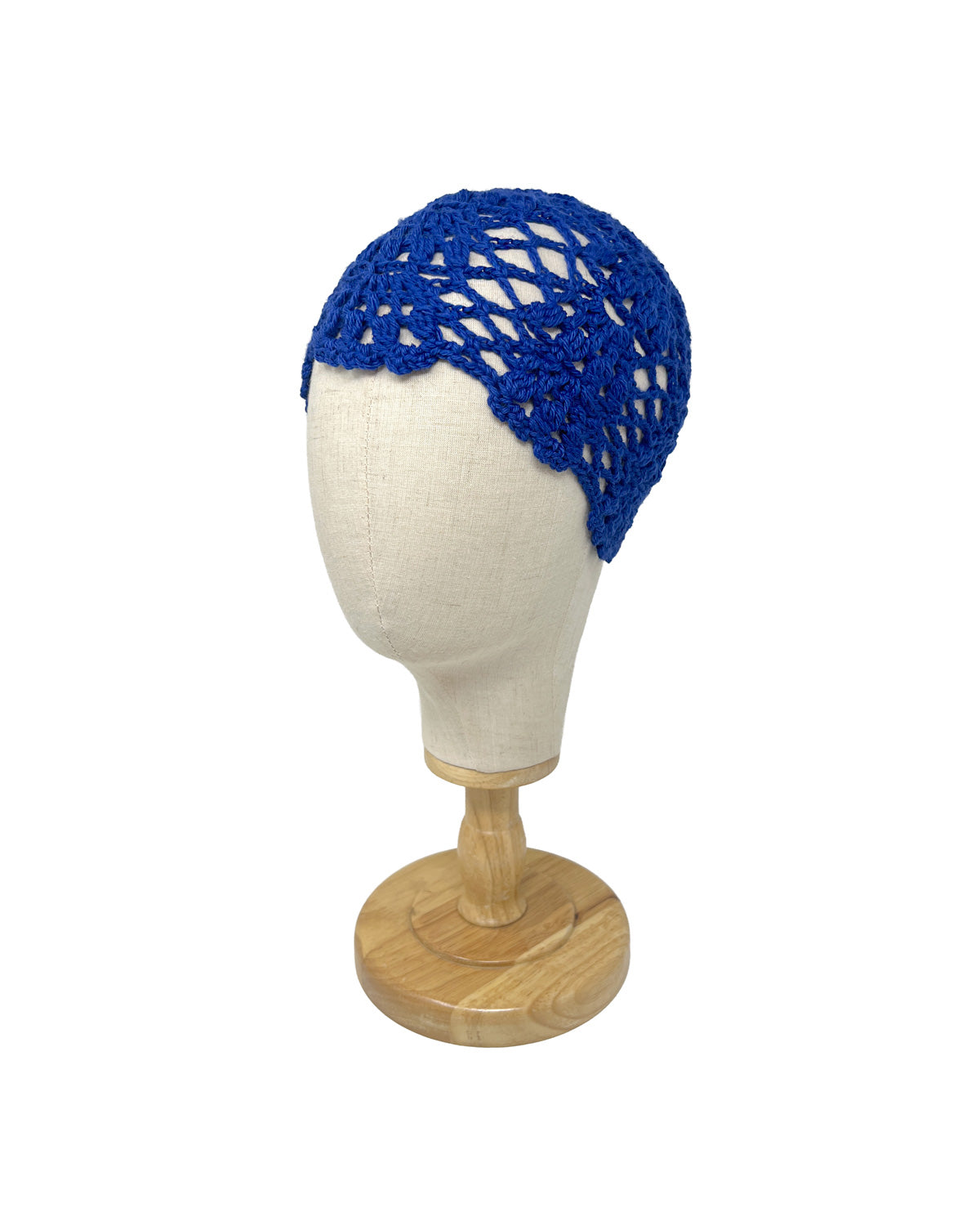 Electric blue wool crocheted bonnet