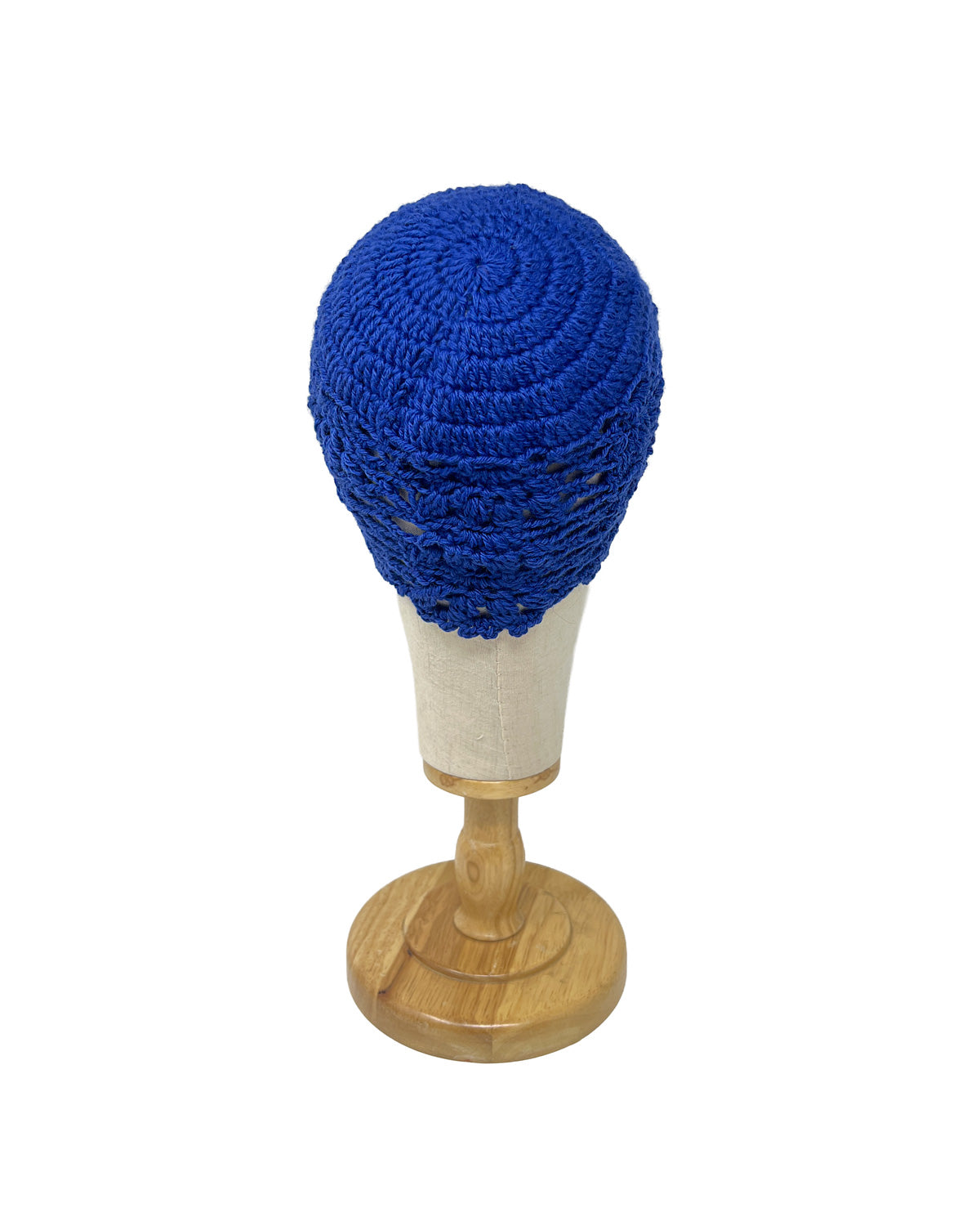 Electric blue wool crocheted bonnet