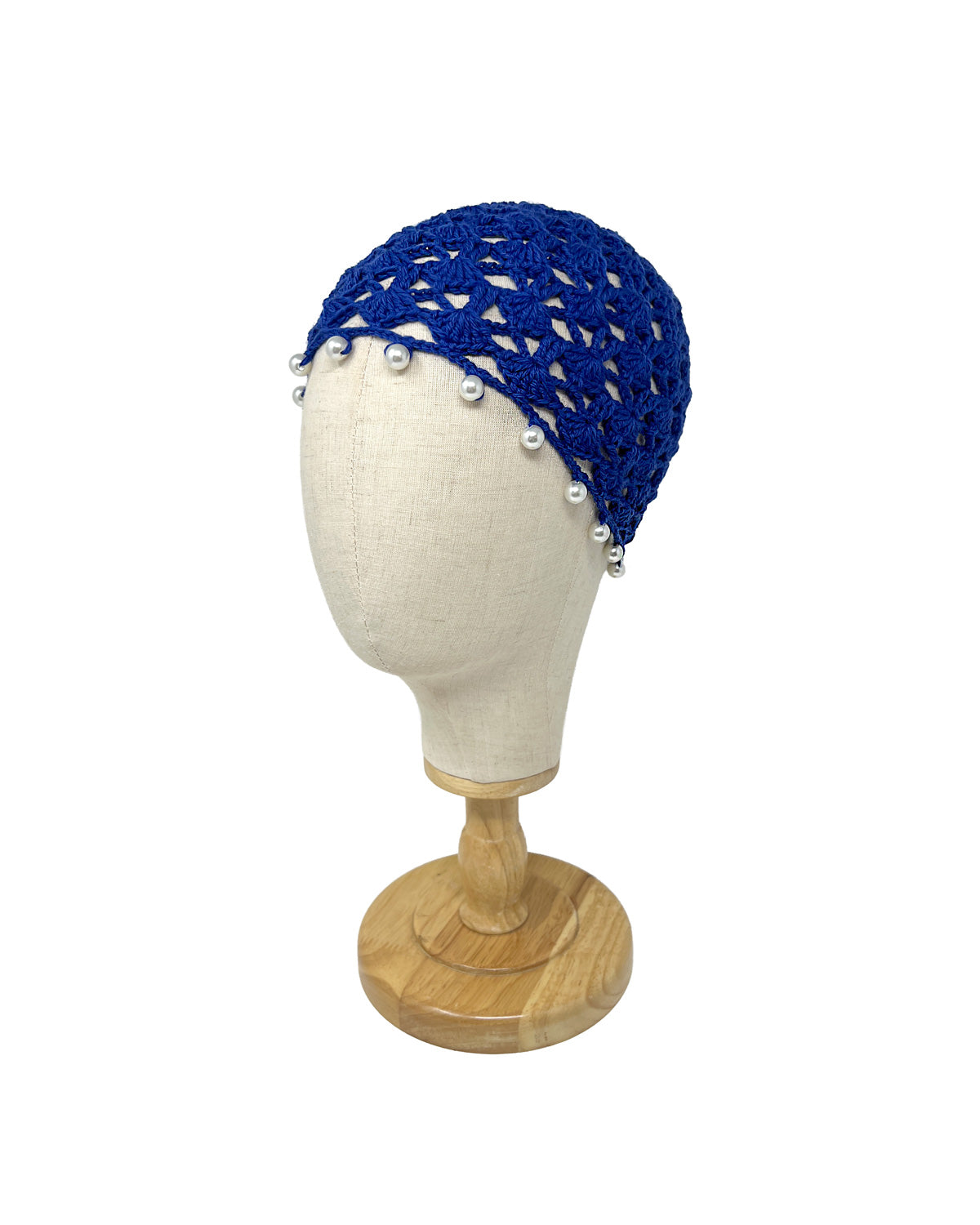 Electric blue wool crocheted bonnet har with pearls