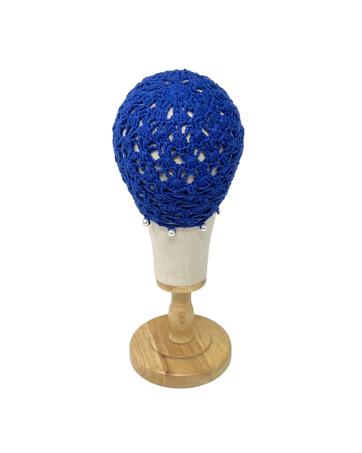 Electric blue wool crocheted bonnet har with pearls