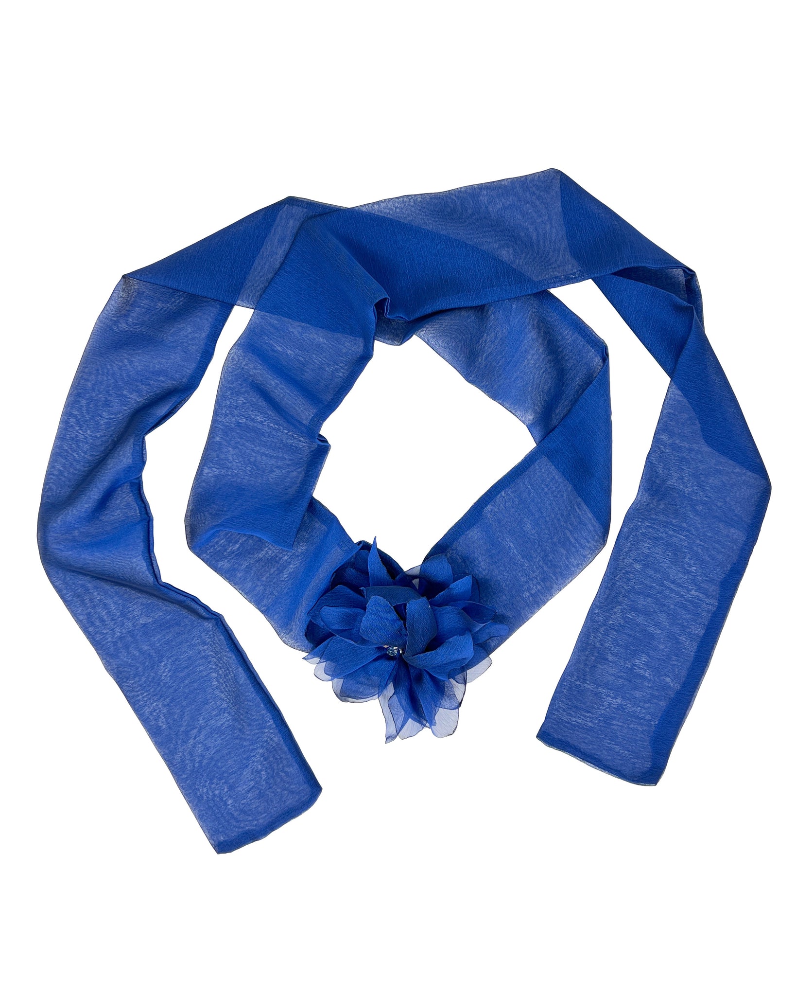 Electric blue chiffon foulard with embroidered flower