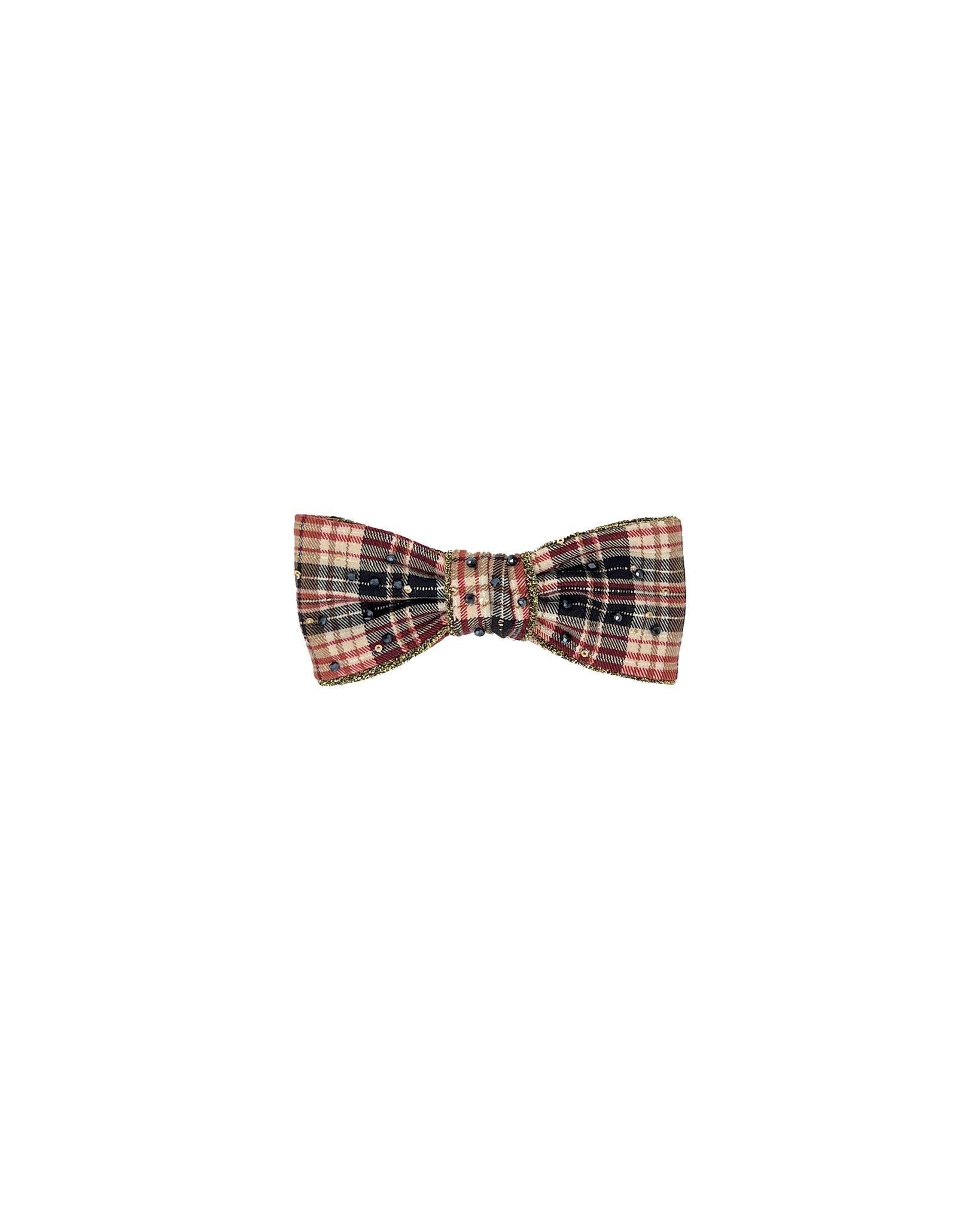 Embroidered beige and red tartan bow barrette