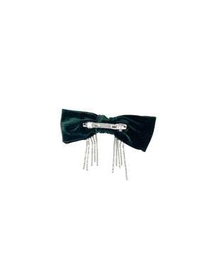 Embroidered dark green velvet bow barrette with crystals