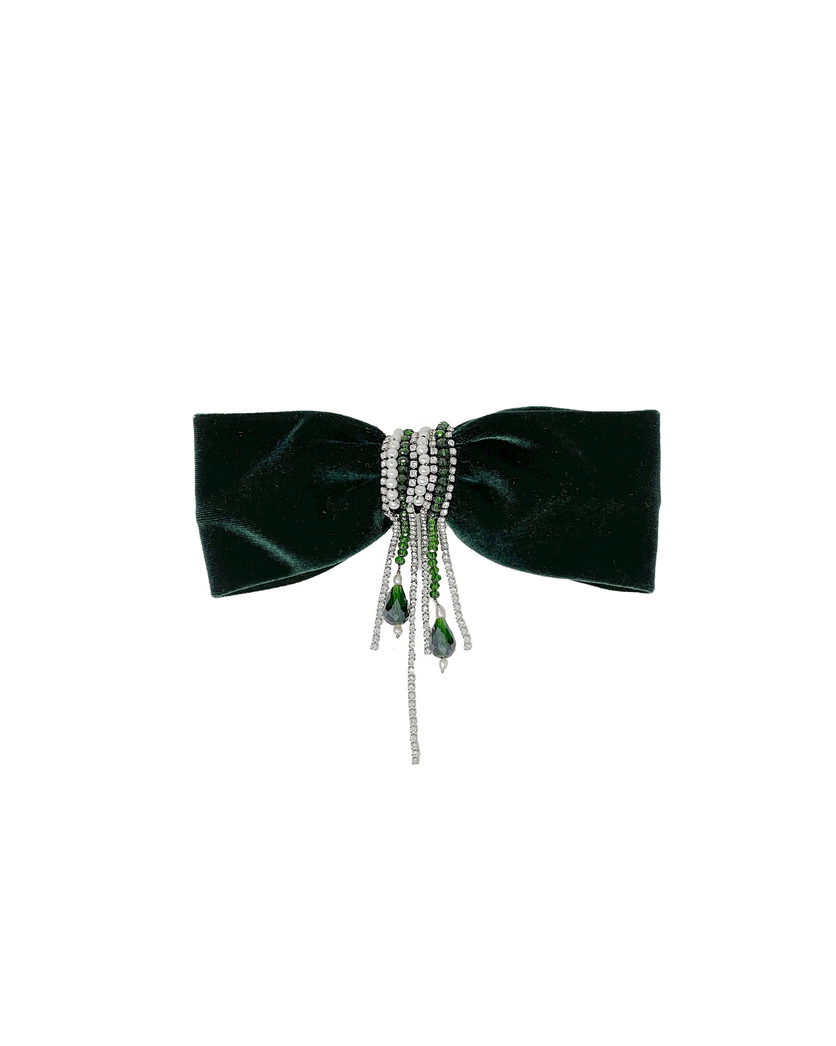 Embroidered dark green velvet bow barrette with central crystals