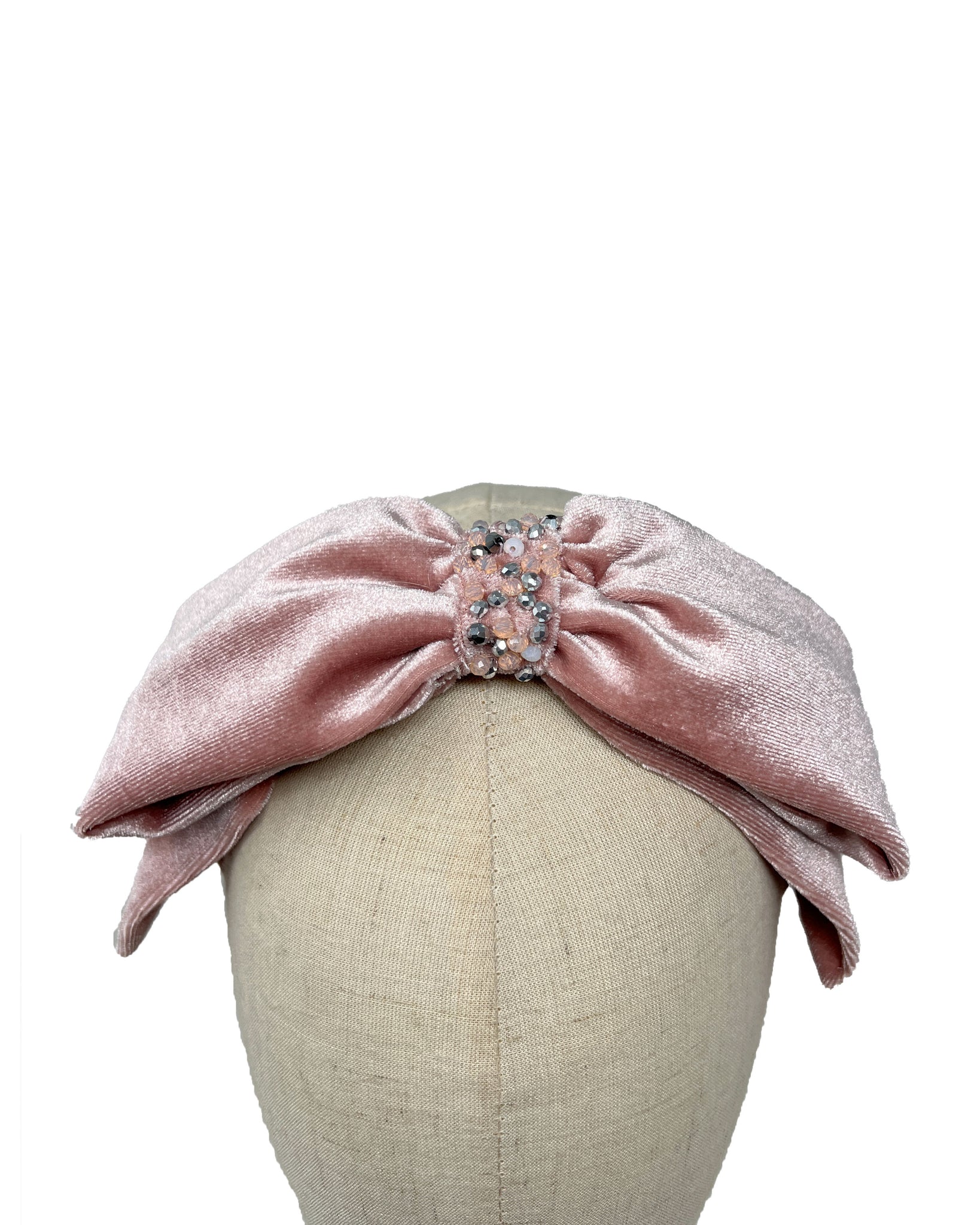 Embroidered pink velvet hairband with bow