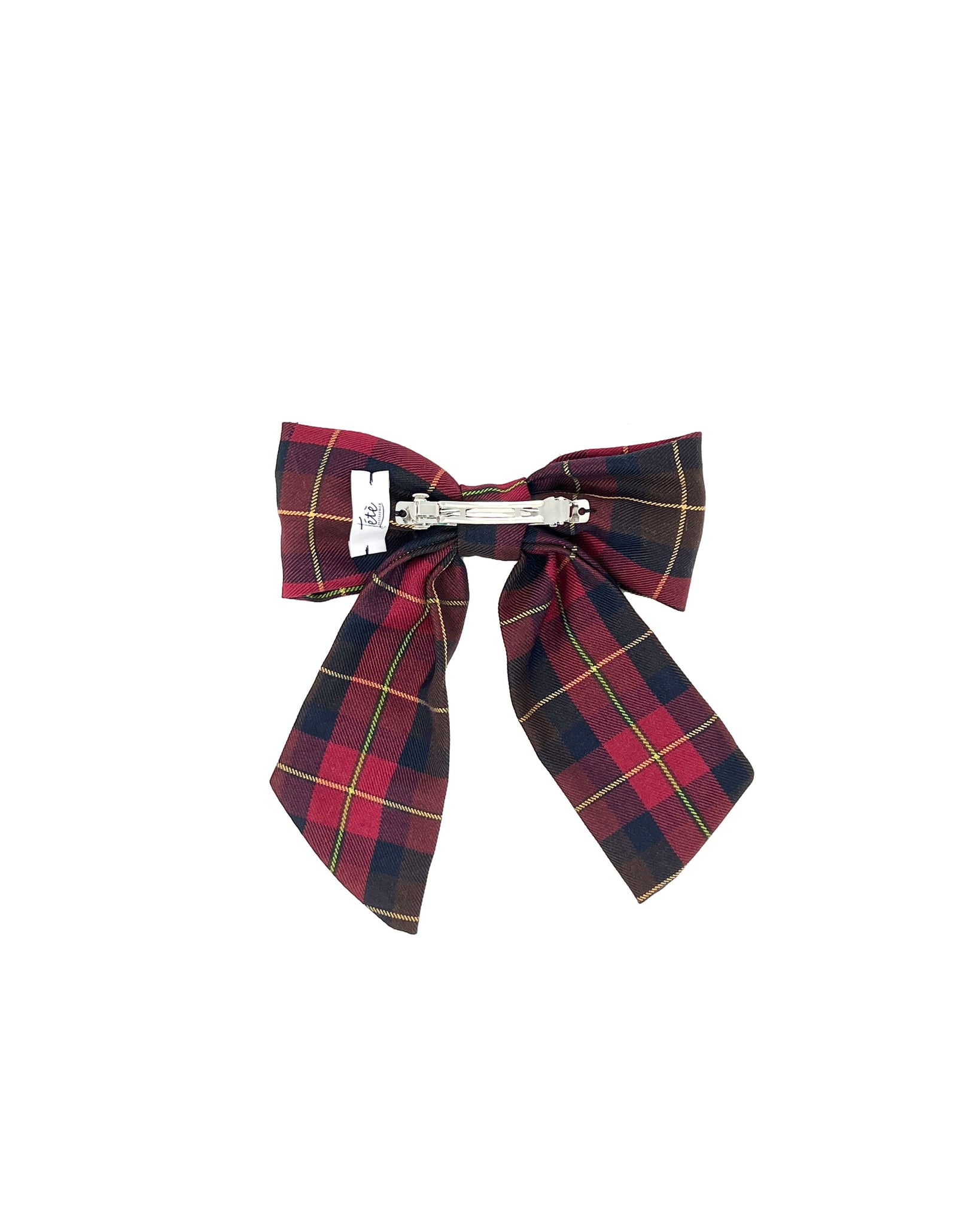 Embroidered burgundy and brown tartan bow barrette