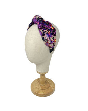 Ethnic patterned velvet hairband with central knot and sequins