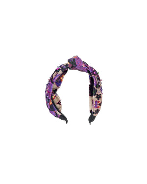 Ethnic patterned velvet hairband with central knot and sequins