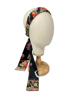 Black and multicolored flowered pattern satin foulard hairband