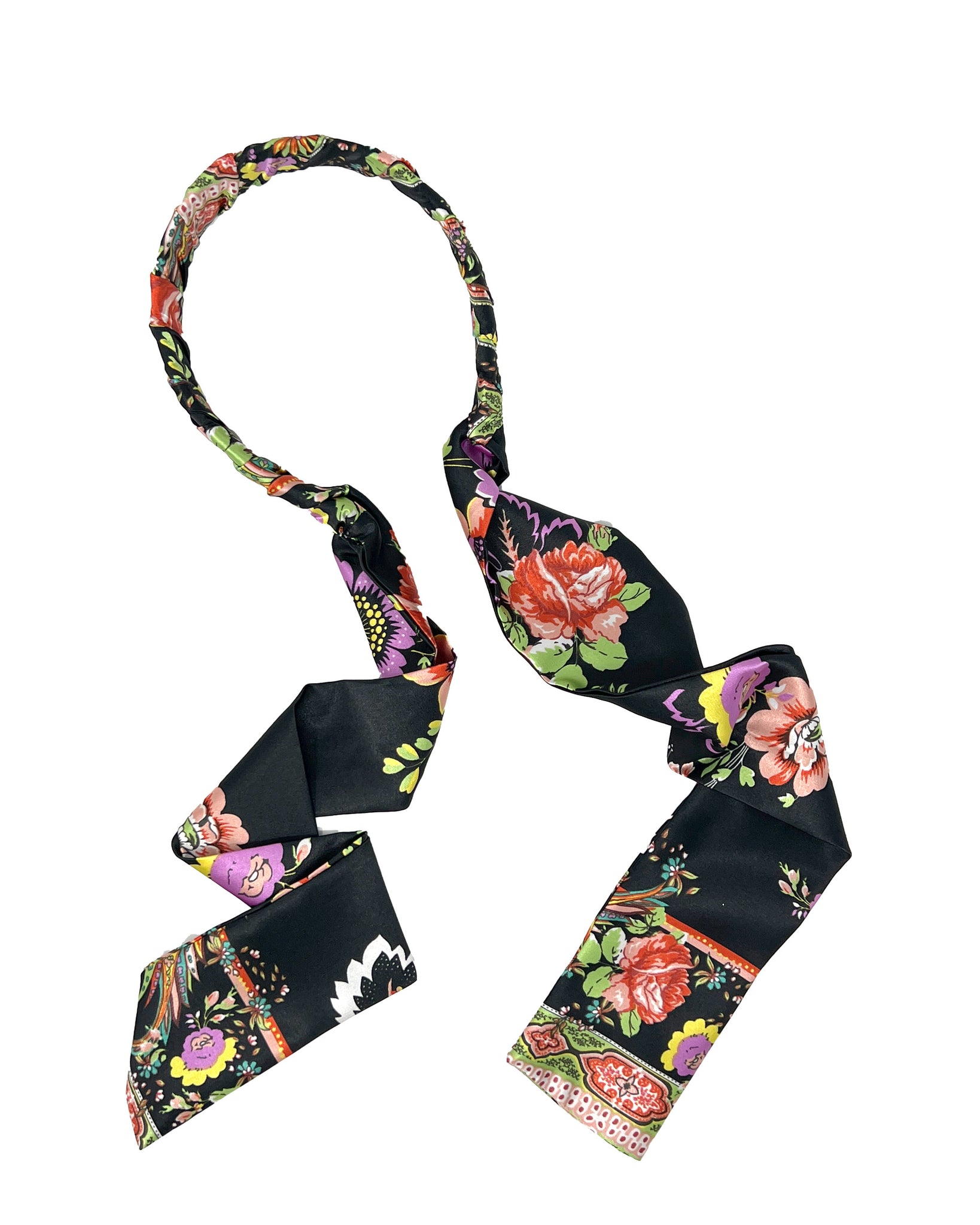 Black and multicolored flowered pattern satin foulard hairband