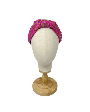 Fucsia and gold silk brocade hairband with sequins